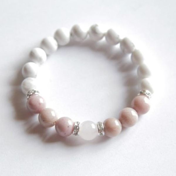 tennis 8mm white howlite rhodonite and rose q-uartz bracelet healing jewelry mala yoga gift for women girl, Golden;silver